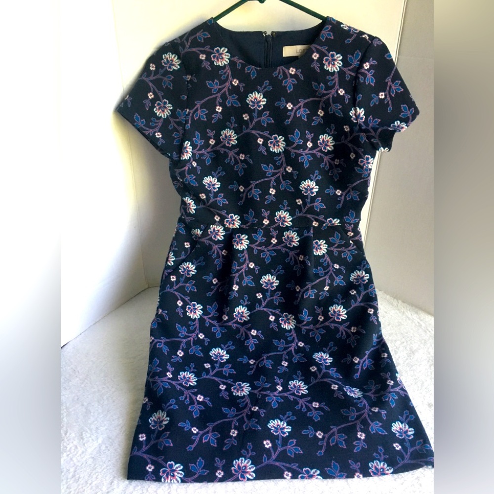 Loft Navy Blue Purple White Floral Short Sleeve Crewneck Dress Flowers Size OP